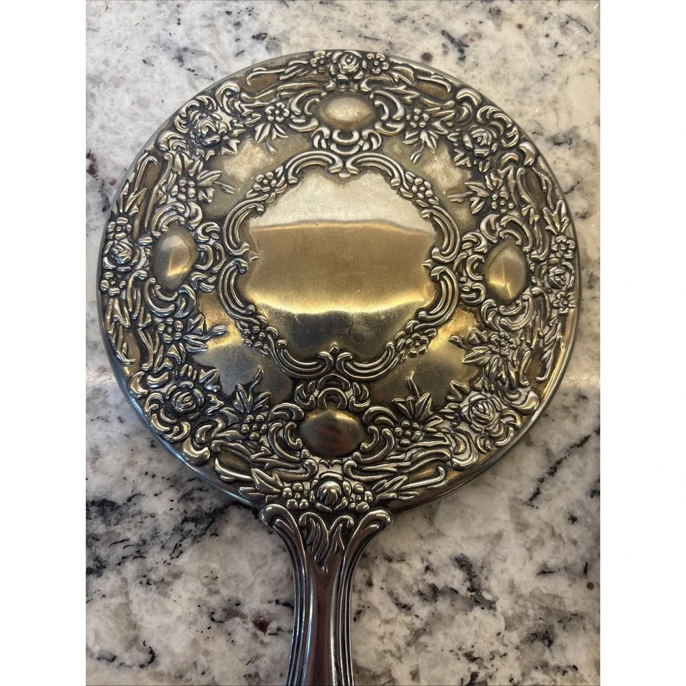 VTG Silver Plate Vanity Mirror Set Hand Mirror Round Mirror‎ Comb Ornate Floral